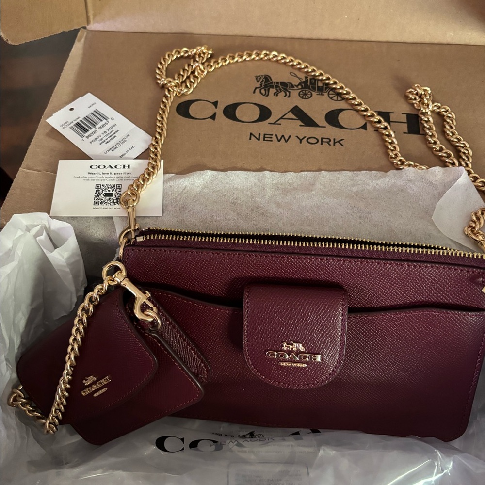 Coach 🆕 Poppy Crossbody Bag with card case dark wine Gold hardware - Picture 11 of 12